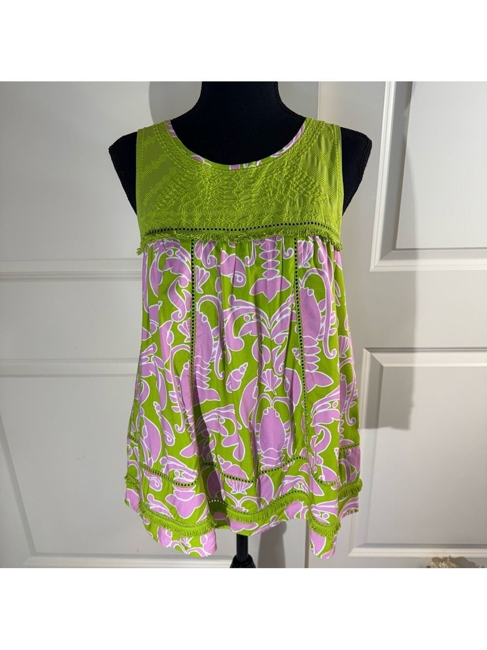 crown & ivy Lime Green and Pink Printed Embroidered Yoke Sleeveless Top Small